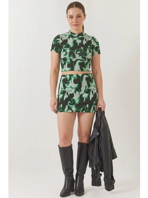 Efnaz Style Kadın Yarım Balıkçı Kısa Kollu Crop Mini Etekli Alt Üst Takım Yeşil Siyah