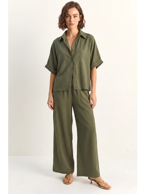 Efnaz Style Kadın Oversize Kısa Kol Beli Lastikli Geniş Paça Haki Takım