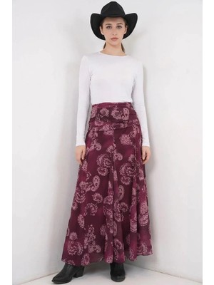 Efnaz Style Kadın Desenli Şifon Bordo Etek
