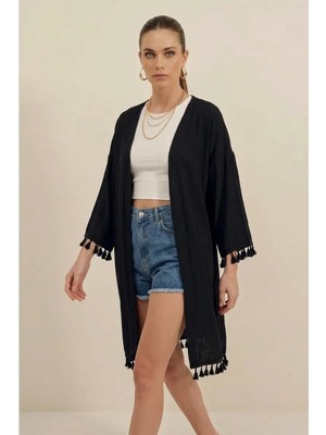 Efnaz Style Kadın Fırfırlı Püsküllü Kol Detayı Etek Siyah Kimono