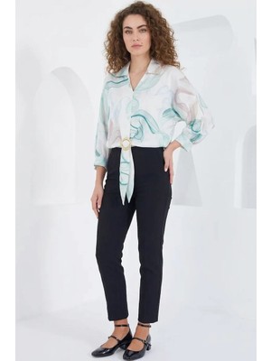 Efnaz Style Kadın Kuşaklı Oversize Desenli Saten Mint Gömlek