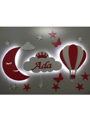St. Morritz Çocuk Odası Dekoratif Ahşap Ay Bulut Balon Gece Lambası Ledli Aydınlatma