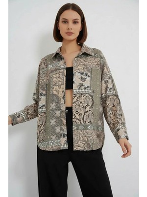 Efnaz Style Kadın Oversize Desenli Saten Çağla Yeşili Gömlek