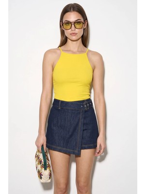 Efnaz Style Kadın Halter Yaka Saran Basic Sarı Bluz