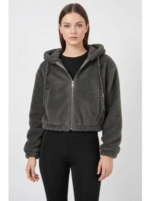 Efnaz Style Kadın Kapüşonlu Crop Peluş Antrasit Ceket