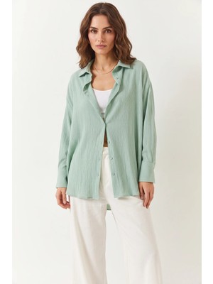 Efnaz Style Kadın Düşük Omuz Oversize Basic Bürümcük Mint Yeşili Gömlek