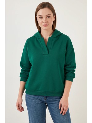 Efnaz Style Kadın Kapüşonlu V Yaka Yeşil Sweatshirt