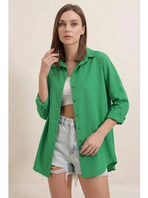 Efnaz Style Kadın Oversize Kesim Basic Pamuklu Yeşil Gömlek