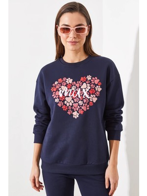 Efnaz Style Kadın Yuvarlak Yaka Pati Baskılı Lacivert Sweatshirt