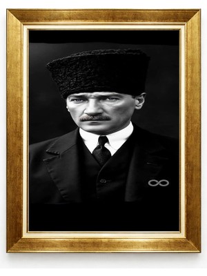 Tablore Kalpaklı Mustafa Kemal Atatürk Sonsuzluk Detaylı Siyah Beyaz Gold Çerçeveli Kanvas Tablo