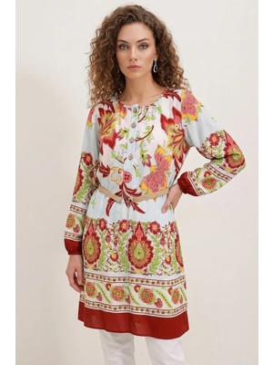 Efnaz Style Kadın V Yaka Kuşaklı Çiçek Desenli Viskon Bordo Elbise