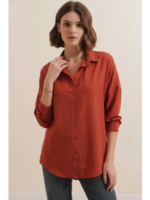 Efnaz Style Kadın Oversize Basic Pamuklu Kiremit Gömlek