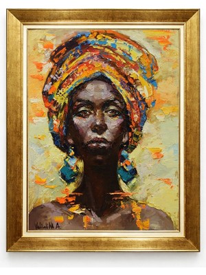 Tablore Afrikalı Kadın Portresi Yağlı Boya Görünümlü Gold Çerçeveli Tablo Şık Salon ve Odası Duvar Dekoru