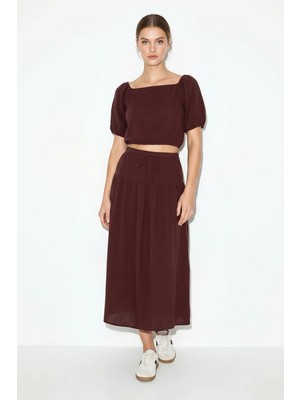 Efnaz Style Kadın Balon Kollu Crop Bluz Bağlama Detaylı Pamuklu Müslin Etek Takım Yc Mürdüm