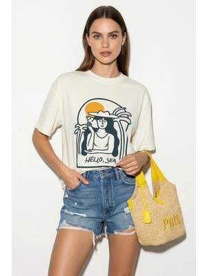 Efnaz Style Kadın Hello Sea Baskılı Bisiklet Yaka Oversize Basic Beyaz Tişört