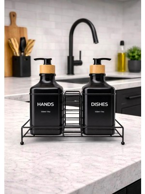 Zürih Collection 2'li Modern Cam Sabunluk Seti Siyah Metal Standlı Siyah Kapaklı Deterjanlık Seti Sıvı Cam Sabunluk