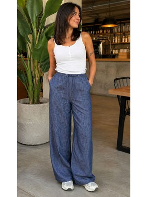 Shain %100 Tencel Kumaş Yüksel Bel Geniş Paça Mavi Jean Görünümlü Pantolon