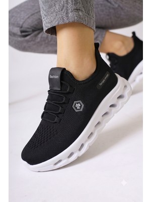 Mcdark Kadın Sararmaz Taban Triko Örme Anatomik Iç Taban Sneaker Ayakkabı-Siyah Beyaz
