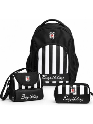 Beşiktaş Lisanslı Siyah Beyaz Çizgili 3'lü Okul Çantası Seti - Okul Çantası, Beslenme Çantası ve Kalem Çantası