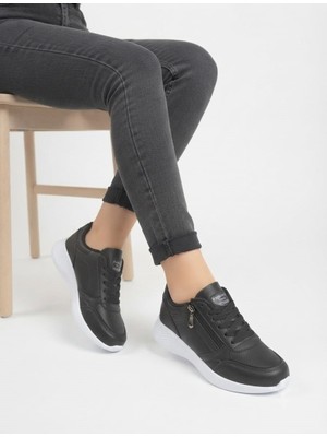 Mcdark Kadın Fermuarlı ve Bağcıklı Sararmaz Taban Sneaker Ayakkabı-Siyah Beyaz