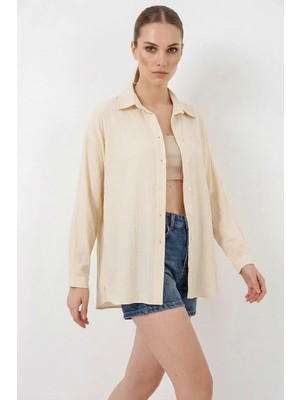 Efnaz Style Kadın Rahat Kesim Oversize Pamuklu Krem Gömlek
