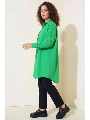 Efnaz Style Kadın Gömlek Yaka Düğmeli Basic Pamuklu Yeşil Tesettür Tunik