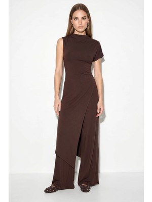 Efnaz Style Kadın Asimetrik Kesim Bluz Beli Lastikli Cep Detaylı Bol Acı Kahve Pantolon Takım