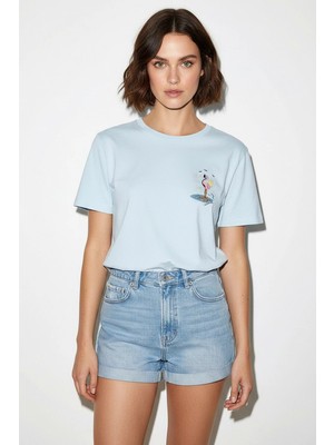 Efnaz Style Kadın El Işi Flamingo Nakış Detaylı Premium Tasarım Pamuklu T Shirt Bebe Mavisi