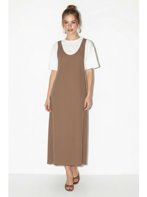 Efnaz Style Kadın Basic Askılı A Kesim Maxi Bej Elbise
