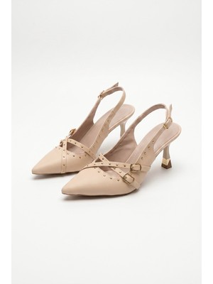 Efnaz Style Kadın Troklu Çapraz Bant Detaylı Sivri Burun Topuklu Slingback Ayakkabı Bej