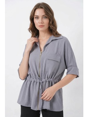 Efnaz Style Kadın Beli Büzgülü Cep Detaylı Gri Gömlek