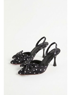 Efnaz Style Kadın Puantiye Desenli Fiyonk Detaylı Ince Topuklu Slingback Stiletto Ayakkabı Siyah