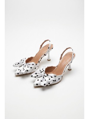 Efnaz Style Kadın Puantiye Desenli Fiyonk Detaylı Ince Topuklu Slingback Stiletto Ayakkabı Beyaz