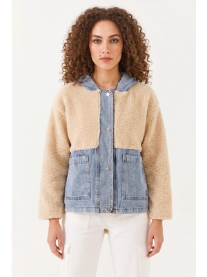 Efnaz Style Kadın Kapüşonlu Denim Detaylı Peluş Bej Ceket