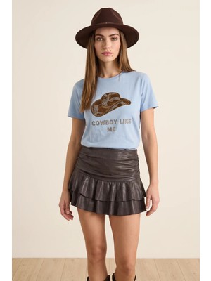 Efnaz Style Kadın Kovboy Şapka Nakışlı Boncuk Işlemeli Basic T Shirt Bebe Mavisi