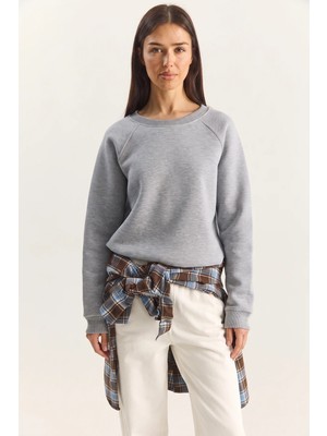 Efnaz Style Kadın Reglan Kol Oversize Gri Melanj Sweatshirt