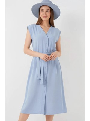 Efnaz Style Kadın Kuşaklı Sıfır Kol Mavi Elbise