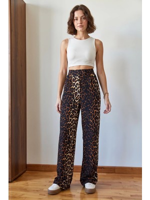 Efnaz Style Kadın Leopar Desenli Cep Detaylı Cırtlı Palazzo Pantolon Siyah Camel