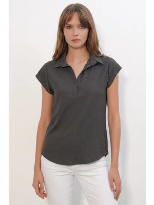 Efnaz Style Kadın Polo Yaka Antrasit Bluz