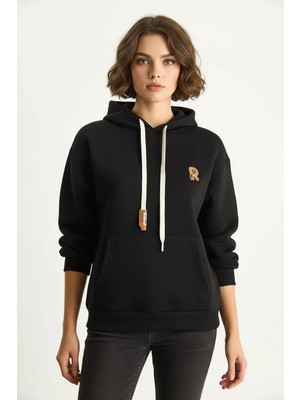 Efnaz Style Kadın Nakış Işlemeli Kanguru Cepli Kapüşonlu Salaş Siyah Sweatshirt