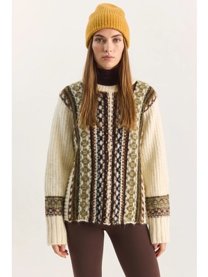Efnaz Style Kadın Etnik Desenli Oversize Bisiklet Yaka Triko Krem Kazak
