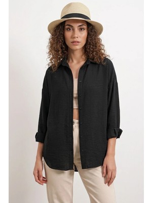 Efnaz Style Kadın Rahat Kesim Oversize Keten Siyah Gömlek