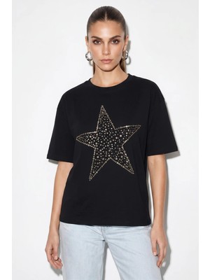 Efnaz Style Kadın Taş Işlemeli Yıldız Detaylı Oversize Pamuklu T Shirt Siyah