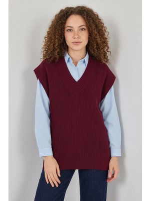 Efnaz Style Kadın V Yaka Triko Süveter Bordo