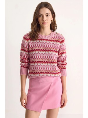Efnaz Style Kadın Omuz Patlı Desenli Triko Pembe Kazak