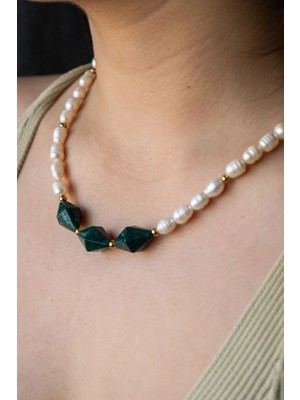 Serenite Collection Phtalo Green Fosil Taşı ve Inci Kolye