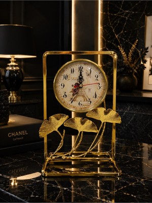 Kesene Gold Metal Çerçeveli Paris Manzaralı ginkgo Yapraklı Dekoratif Masa Üstü Saat ve Biblo 24X16 cm