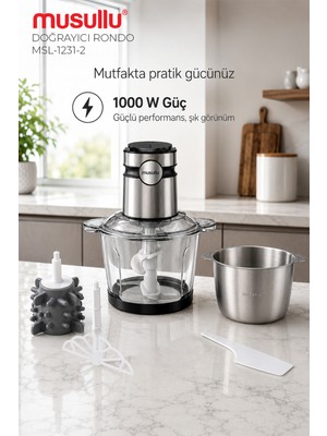 Musullu MSL-1231-2 Meat Max 2+2 Litre Geniş Hazneli Doğrayıcı Rondo - Çırpma & Sarımsak Soyma Aparatlı 1000W