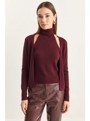 Efnaz Style Kadın Halter Yaka Içten Bluz Detaylı Bordo Hırka