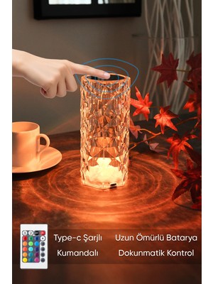 St. Morritz Mini Kristal Şarjlı Dokunmatik Masa Lambası Abajur Gece Lambası 3 Işık Rengi Dim Özellikli Lili